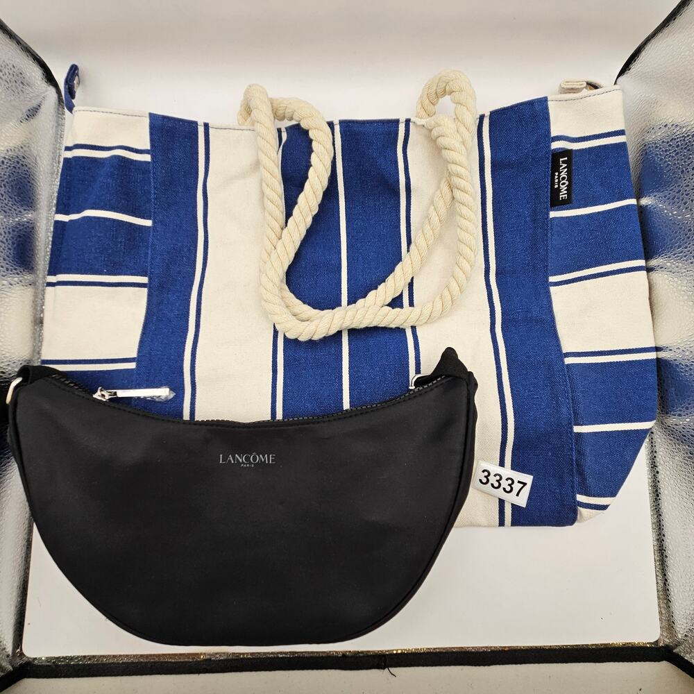 LANCOME PARIS LOT OF 2 BAGS STRIPED CANVAS ROPE HANDLE TOTE & BLK COSMETIC POUCH